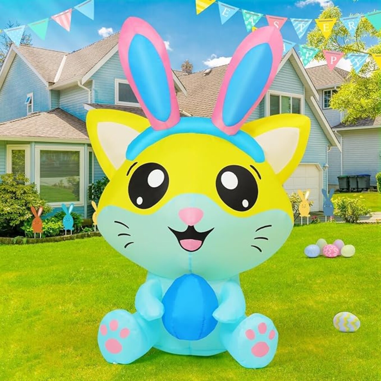 GOOSH 5 FT Easter Inflatables Cat with Eggs Rabbit Ears with Built-in LEDs